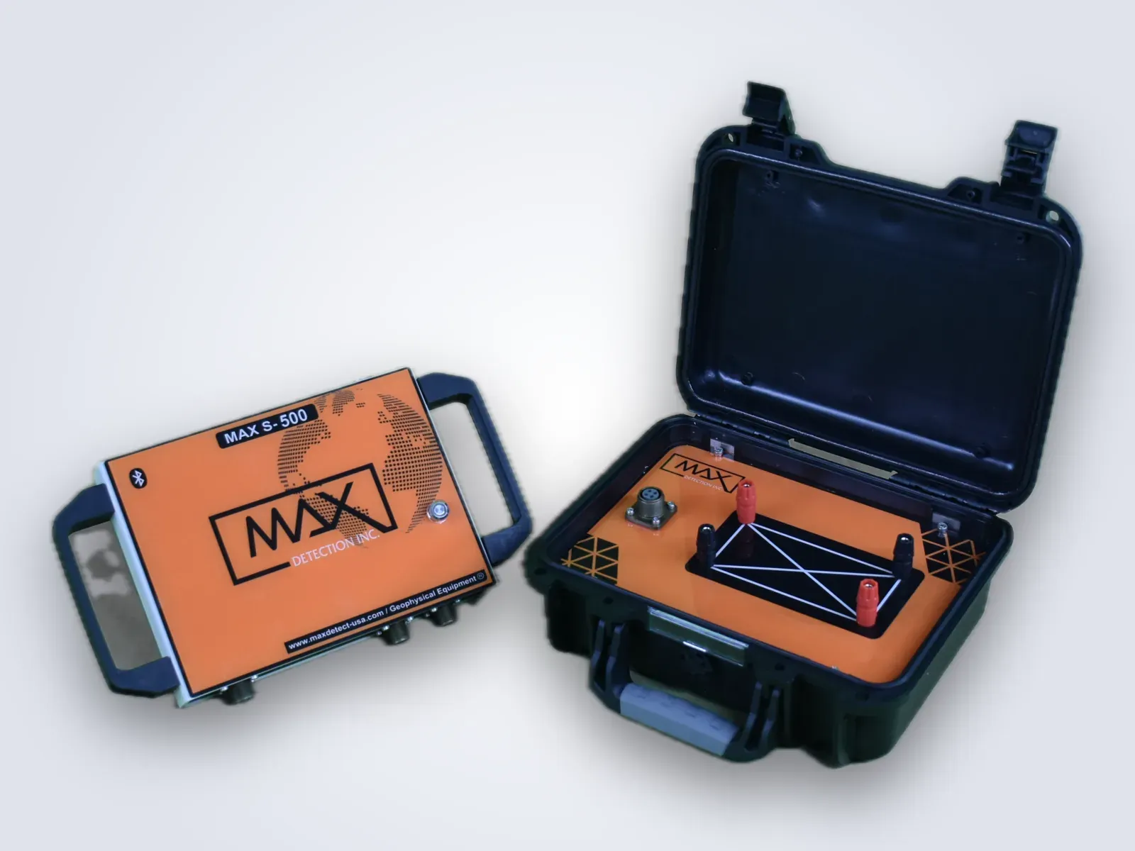 The three instruments out of the case - the ADS-IP hard case open, the orange Max S-500 host unit and the Lora 750 console