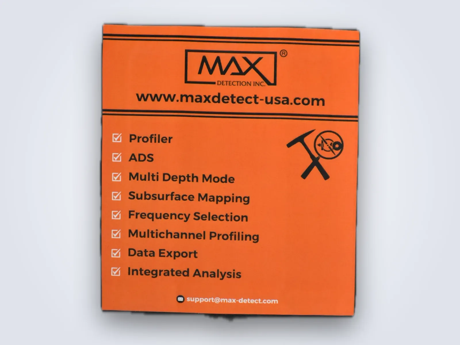 The Max Detection label on the case listing Profiler, ADS, multi-depth mode, subsurface mapping, frequency selection, multichannel profiling, data export and integrated analysis